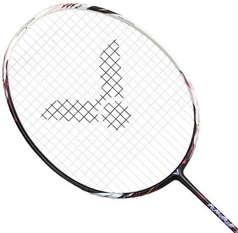 A close-up of the Victor Auraspeed Fantôme AF 4U Badminton Racket by Victor, featuring a black and white frame with Nano Aerogel technology and the logo formed by strings at the center of the racket head.