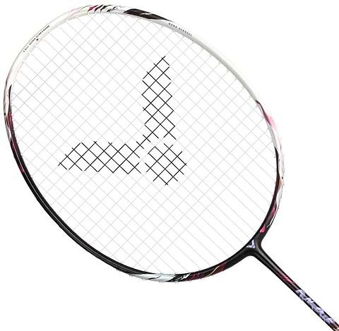 A close-up of the Victor Auraspeed Fantôme AF 4U Badminton Racket by Victor, featuring a black and white frame with Nano Aerogel technology and the logo formed by strings at the center of the racket head.