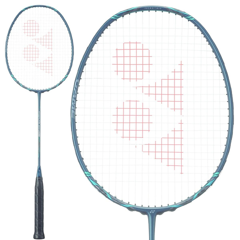 A Yonex Nanoflare 800 Game 4U Badminton Racket in deep green is displayed, showing its black handle and a red geometric logo on the white string bed. One full racket and a close-up of the head are shown, perfect for intermediate players.