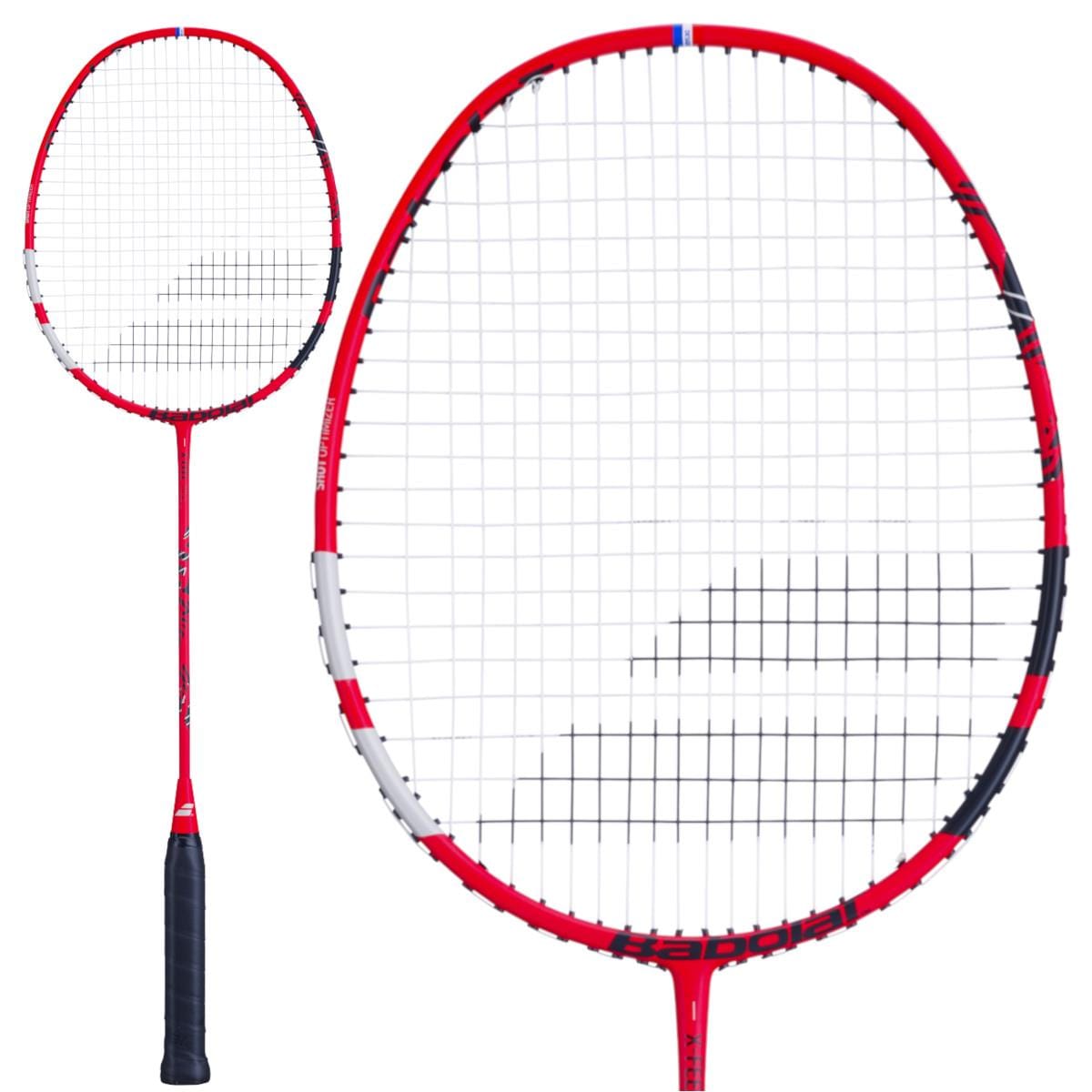 The Babolat X-Feel Rise Badminton Racket - Red, by Babolat, features a vibrant red frame complemented by a black handle. A detailed inspection highlights its complex string pattern and shot optimizer design, which is enhanced by an elegant motif in white, gray, and black on the head set against a simple white background.
