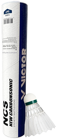 A set of 12 Victor New Carbonsonic NCS badminton shuttles by Victor, featuring a green-banded synthetic shuttlecock, is displayed beside its cylindrical tube packaging.