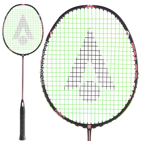 The Karakal BN-60 Fast Fibre Badminton Racket in black and red, shown full length with a close-up of the head, its slim shaft carrying red Fast Fibre branding.