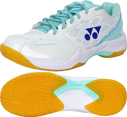 Yonex Power Cushion SHB 101 badminton shoe in white with mint green detailing, shown from the side