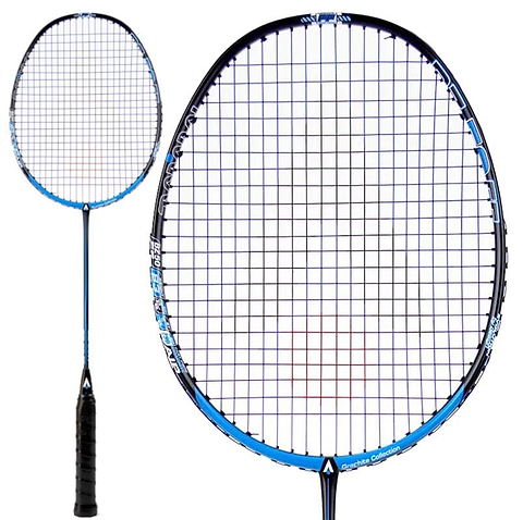This Karakal BZ 50 2.1 badminton racket by Karakal features a stylish black and blue design with tightly strung strings and accents of white and red. It boasts an isometric square head, complemented by a handle wrapped in black grip tape. The image displays the racket from two perspectives: a full view and a close-up.