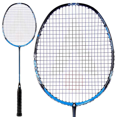This Karakal BZ 50 2.1 badminton racket by Karakal features a stylish black and blue design with tightly strung strings and accents of white and red. It boasts an isometric square head, complemented by a handle wrapped in black grip tape. The image displays the racket from two perspectives: a full view and a close-up.