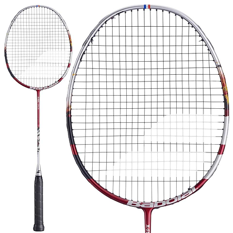 The Babolat X-Feel Origin 2026 3U Badminton Racket in silver and red, shown full length alongside a close-up of the head and string pattern.