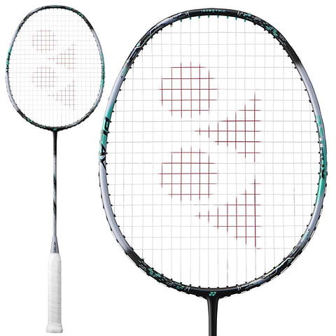 Two Yonex Astrox 88 Play 4U Gen 3 2024 badminton rackets in black and silver are displayed against a white background. The larger image features the head of the racket, showcasing a striking geometric red logo on the strings with an ISOMETRIC design. The smaller image highlights the handle wrapped in white grip tape.