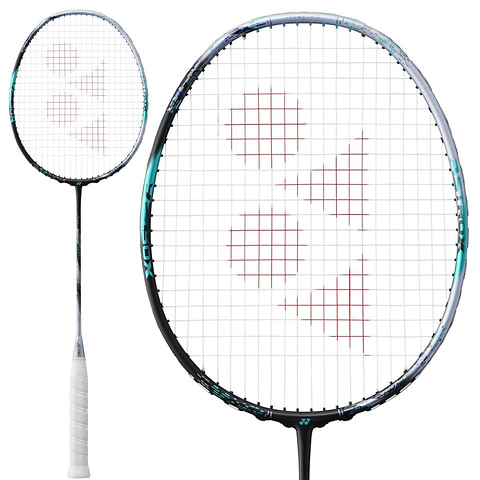 The Yonex Astrox 88D Pro 4U Gen 3 2024 Badminton Racket from Yonex boasts a stylish black and silver frame, complete with white strings. Its string bed is accented by a distinctive red triangular logo. Perfect for defensive players who shine in backcourt positions, the racket's handle comes wrapped in white grip tape. Displayed in both full view and a detailed close-up of the head.