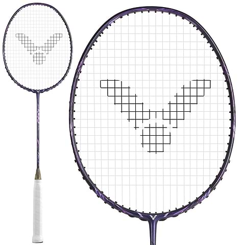 A Victor Fantome J 4U Badminton Racket by Victor in black and purple is shown with a white grip, black geometric logo on the strings, and features Nano Aerogel technology, highlighted in close-ups of the racket head and a full view.