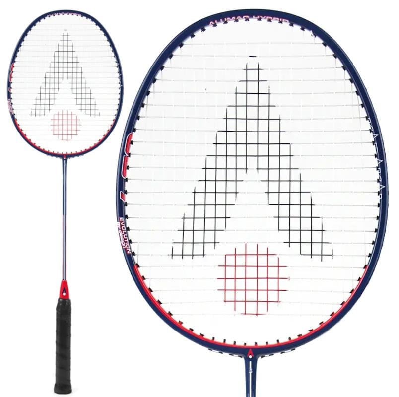 The Karakal CB-7 2.1 Badminton Racket in blue and red, shown full length beside a close-up of the isometric head, with a black grip and red detailing across the frame.