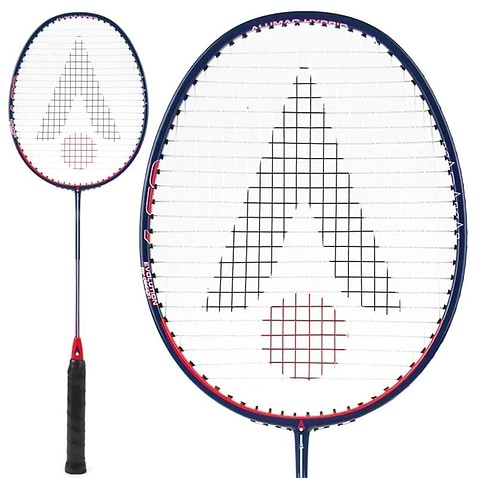 The Karakal CB-7 2.1 Badminton Racket in blue and red, shown full length beside a close-up of the isometric head, with a black grip and red detailing across the frame.