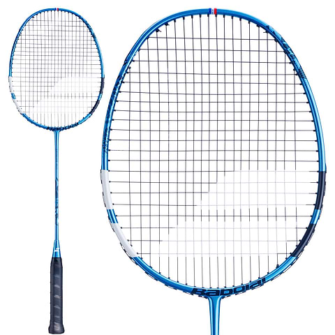 The Babolat Satelite Rise 4U 2026 Badminton Racket in blue, shown full length with the frame and grip visible against a plain background.