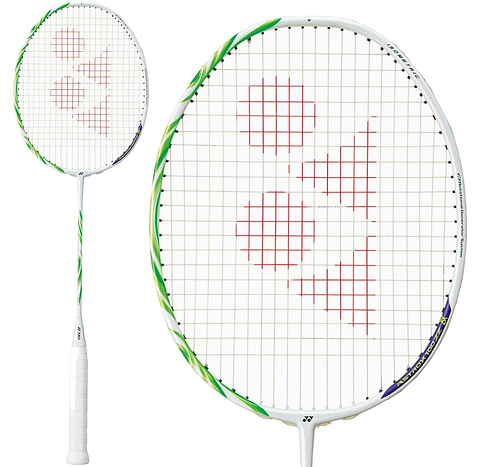 The Yonex Astrox 100 ZZ VA Viktor Axelsen Badminton Racket in Greyish Beige features the red Yonex logo on the string bed, with full and close-up views of the racket head as used by Viktor Axelsen.