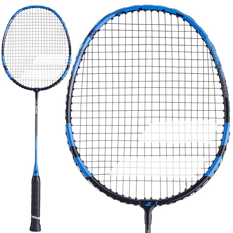 Babolat Explorer 2026 badminton racket in blue and black, shown full length