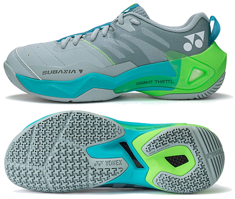 Yonex Subaxia GT 2026 womens badminton shoe in grayish green, shown from the side
