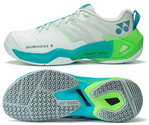 Yonex Subaxia GT 2026 Mens Badminton Shoes in pale green, side and sole views, showing the Subaxia name on the upper and the GRPHT THRTTL plate through the midsole.