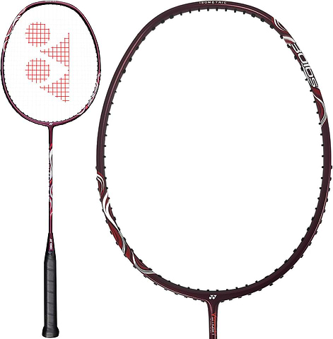 The Yonex Astrox Light 45i 5U Badminton Racket in Kurenai, with a deep red frame and a black grip, shown in full and with a close-up of the head.