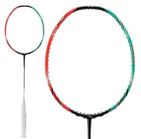 Li-Ning Halbertec 7000 4U badminton racket in arcadia blue and orange, shown full length beside a close-up of the head