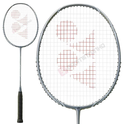 The Yonex Astrox Nextage 4U Badminton Racket in Light Grey includes a black handle and silver frame with strings that feature a red geometric logo, ideal for intermediate players. The image shows the full racket and a close-up of its head.