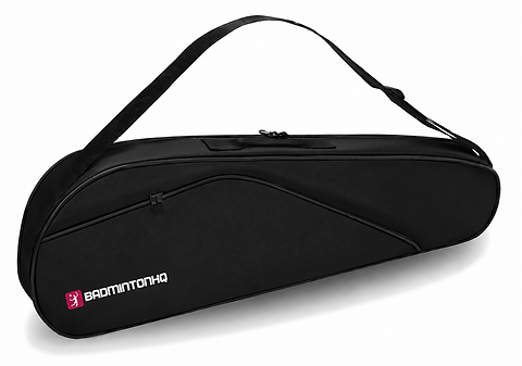 The BadmintonHQ 3 Racket Badminton Bag in black, shown from the front with the BadmintonHQ logo on the main compartment and a carry handle and shoulder strap.