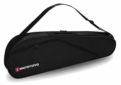 The BadmintonHQ 3 Racket Badminton Bag in black, shown from the front with the BadmintonHQ logo on the main compartment and a carry handle and shoulder strap.