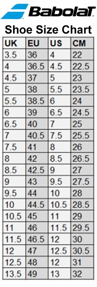 Babolat International Badminton Shoes Size Chart