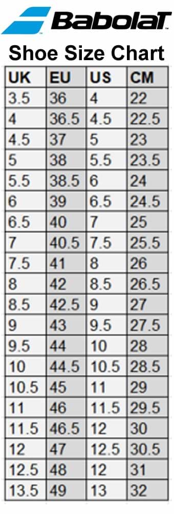 Babolat International Badminton Shoes Size Chart