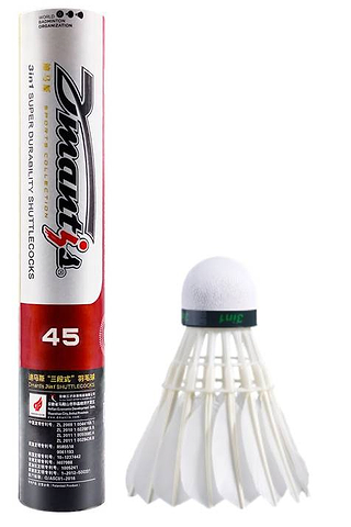 A red and white tube labeled "Dmantis D41 Hybrid Badminton Feather Shuttles - Speed 78" stands upright next to a white shuttlecock with a green band, highlighting its durable nylon skirt and aerodynamic design. Brand: Dmantis.