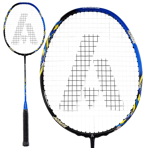 Ashaway Striker Force 2000 4U badminton racket in black and blue, shown full length