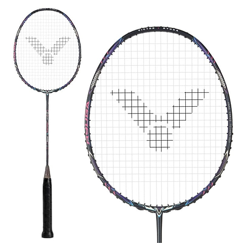 The Victor Thruster Ryuga II Pro 3U Badminton Racket in Mazarine Blue, by Victor, features a black handle, patterned oval head with V-patterned strings, and a sleek POWER BOX design frame for enhanced precision and performance.