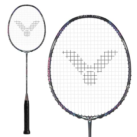 The Victor Thruster Ryuga II Pro 3U Badminton Racket in Mazarine Blue, by Victor, features a black handle, patterned oval head with V-patterned strings, and a sleek POWER BOX design frame for enhanced precision and performance.