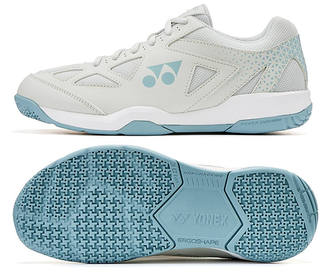 Yonex Power Cushion Strider Ray Unisex WIDE Badminton Shoes in blue grey, a low-cut wide-fitting court shoe with mesh panels and blue geometric detailing on the upper.