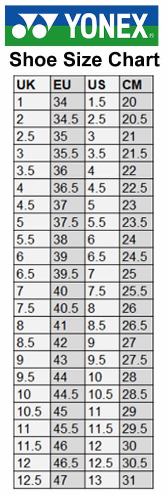 Yonex International Badminton Shoe Size Chart