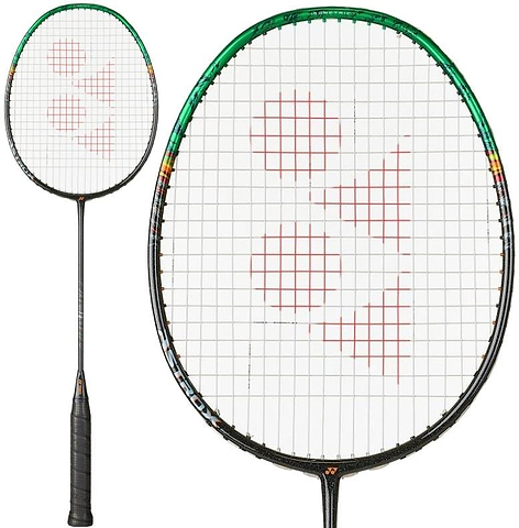 The Yonex Astrox 99 Pro Badminton Racket - Black / Green features a slim shaft, oval head, white string bed with a red Yonex logo, and uses the Rotational Generator System for enhanced control.