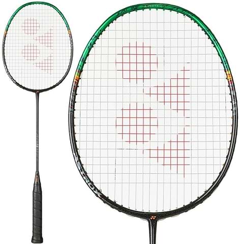 The Yonex Astrox 99 Pro Badminton Racket - Black / Green features a slim shaft, oval head, white string bed with a red Yonex logo, and uses the Rotational Generator System for enhanced control.