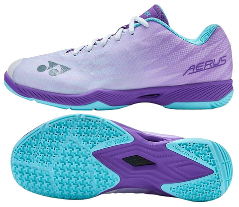 Yonex Power Cushion Aerus Z2 Wide Mens Badminton Shoes in Indigo, shown from side and sole views. These wide-fit shoes feature a gradient design, indigo colorway, light blue laces, turquoise interior, and textured turquoise sole for grip.
