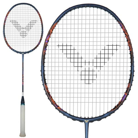 The Victor DriveX 10 Metallic B Badminton Racket by Victor boasts a white handle and a dark frame, highlighted by its distinctive string pattern that forms a logo. Its oval-shaped head presents intricate string tension with vibrant color accents, all bolstered by a Metallic Carbon Shaft for improved performance.