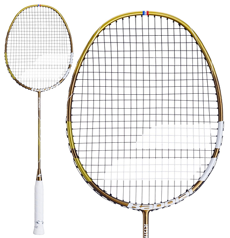 The Babolat Jetstream 78 5U Badminton Racket in gold and white, shown full length and in close-up at the head, with a slim gold shaft and dark string bed.