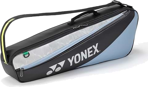 The Yonex BA52523EX Club 3 Racket Badminton Bag in black and blue, shown from the front with blue trim along the zip and the Yonex logo on the main panel.