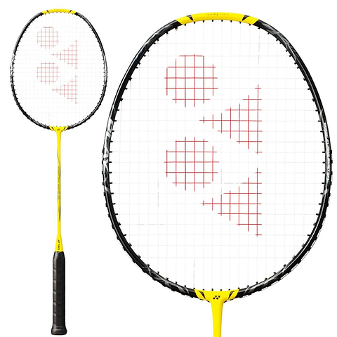 The Yonex Nanoflare 1000 Play 4U Badminton Racket in Lightning Yellow by Yonex showcases a striking combination of yellow and black, featuring an Aero Frame design. Its head displays a white string face accented with a red geometric logo, while the handle is wrapped in black grip tape, highlighted alongside a detailed view of the racket head.