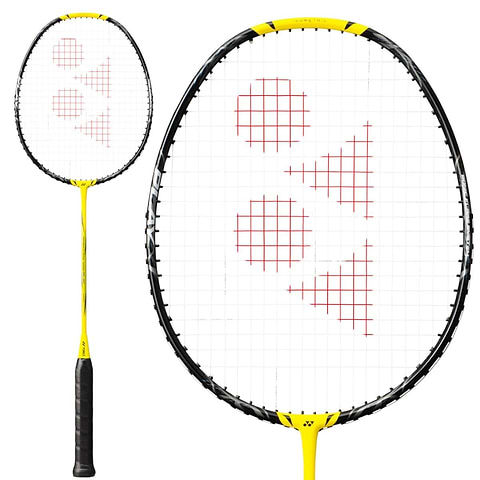 The Yonex Nanoflare 1000 Play 4U Badminton Racket in Lightning Yellow by Yonex showcases a striking combination of yellow and black, featuring an Aero Frame design. Its head displays a white string face accented with a red geometric logo, while the handle is wrapped in black grip tape, highlighted alongside a detailed view of the racket head.
