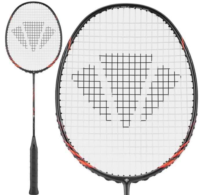 The Carlton GP-X 85 3U Badminton Racket by Carlton in black/red features a textured black grip, grid-patterned strings with a large geometric logo, and is crafted from Japanese High Modulus Graphite for advanced-level play.