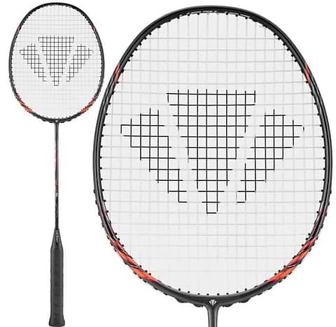 The Carlton GP-X 85 3U Badminton Racket by Carlton in black/red features a textured black grip, grid-patterned strings with a large geometric logo, and is crafted from Japanese High Modulus Graphite for advanced-level play.