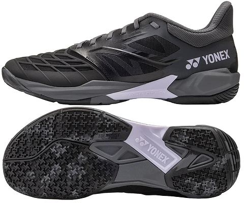 Yonex Power Cushion Cascade Drive 3 unisex badminton shoe in black and grey, shown from the side