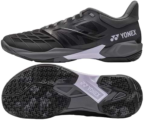 Yonex Power Cushion Cascade Drive 3 unisex badminton shoe in black and grey, shown from the side
