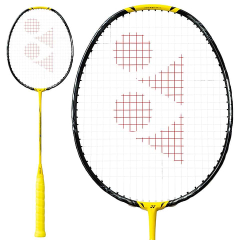Introducing the Yonex Nanoflare 1000 Z 4U Badminton Racket in Lightning Yellow: this racket features a striking yellow and black design with a patterned string face and red geometric accents. Its handle is wrapped in yellow tape, providing agile maneuverability for achieving the fastest smashes on the court.