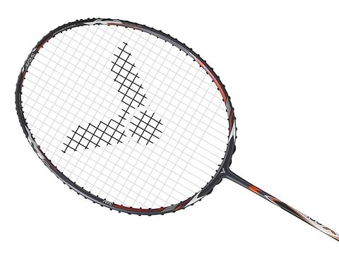 The Victor Auraspeed 100X H badminton racket by Victor showcases an eye-catching grey and orange frame design. Its strings display a geometric logo pattern at the center, enhanced with Sonic-Rebound Technology, while the racket is shown diagonally against a white background.