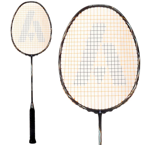The Ashaway Phantom Helix badminton racket showcases a sophisticated black and gold frame, complemented by intricately designed strings. At its center, it features an eye-catching letter motif, while the handle ensures a firm grip with its textured design. Perfect for players who desire both high performance and style.