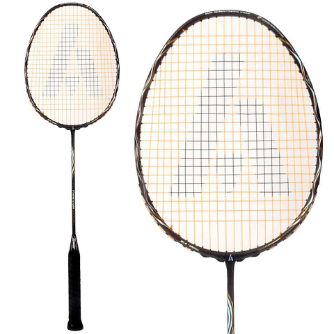 The Ashaway Phantom Helix badminton racket showcases a sophisticated black and gold frame, complemented by intricately designed strings. At its center, it features an eye-catching letter motif, while the handle ensures a firm grip with its textured design. Perfect for players who desire both high performance and style.