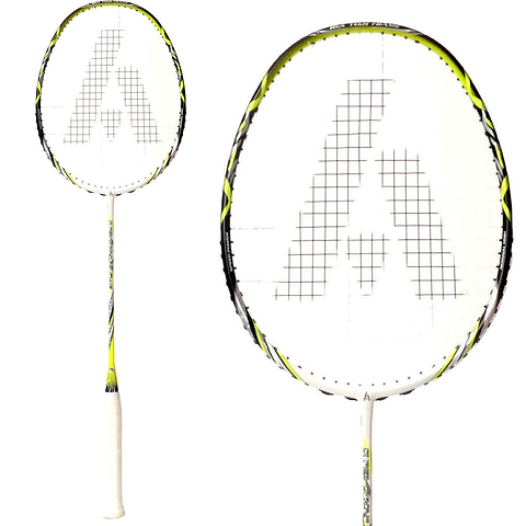 A close-up view of the Ashaway Superlight 10 Hex Badminton Racket - White Green showcases its design with a white and yellow frame. The racket's string pattern forms intersecting lines, complemented by a white grip tape on the handle. Enhanced with Hex technology for improved aerodynamics, the Ashaway logo is visible on the strings.